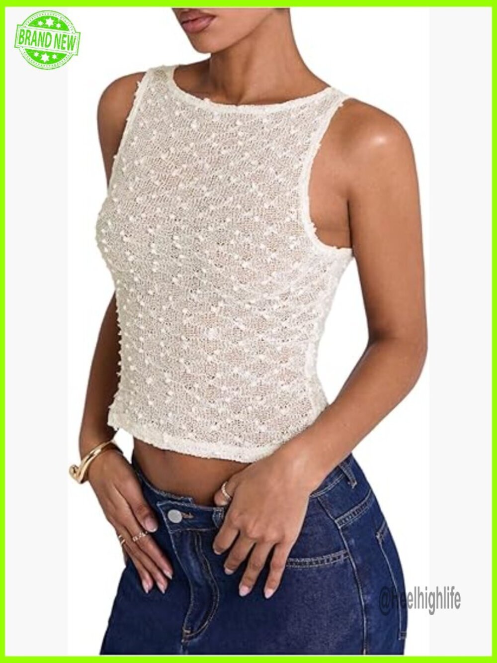 Crochet Sheer Crop Tank Top Sleeveless Boat Neck Fitted Y2K
